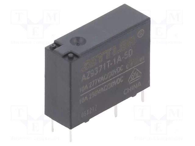 Relay: electromagnetic; SPST-NO; Ucoil: 5VDC; 10A; 10A/277VAC; PCB ZETTLER AZ9371T-1A-5D
