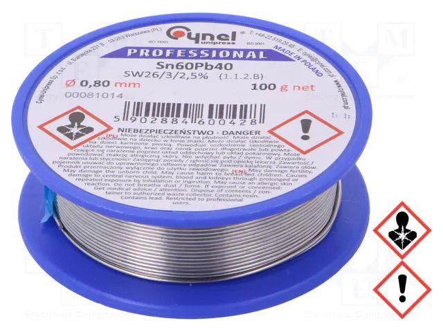 Tin; lead-based; Sn60Pb40; 0.8mm; 100g; reel; 190°C; 2.5%; Flux: SW26 CYNEL LC60-0.80/0.1