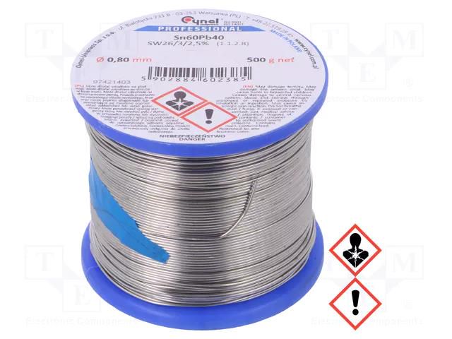 Tin; lead-based; Sn60Pb40; 0.8mm; 500g; reel; 190°C; 2.5%; Flux: SW26 CYNEL LC60-0.80/0.5