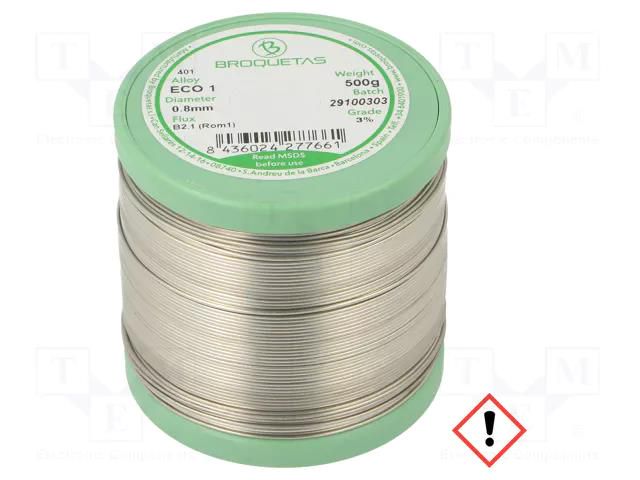 Tin; lead free; Sn99,3Cu0,7; 0.8mm; 0.5kg; reel; 220°C; Flux: SW26 BROQUETAS ECO1-08/05H