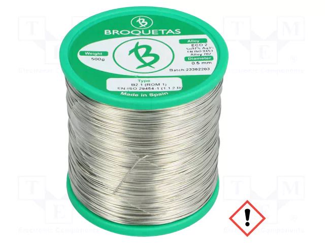 Tin; lead free; Sn97Ag3; 0.5mm; 500g; reel; 221°C; Flux: SW26 BROQUETAS ECO2-05/05H