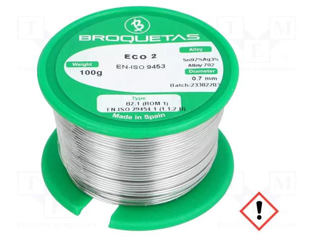 Tin; lead free; Sn97Ag3; 0.7mm; 100g; reel; 221°C; Flux: SW26 BROQUETAS ECO2-07/01H