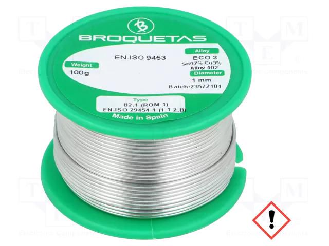 Tin; lead free; Sn97Cu3; 1mm; 100g; reel; 230°C; Flux: SW26 BROQUETAS ECO3-10/01H