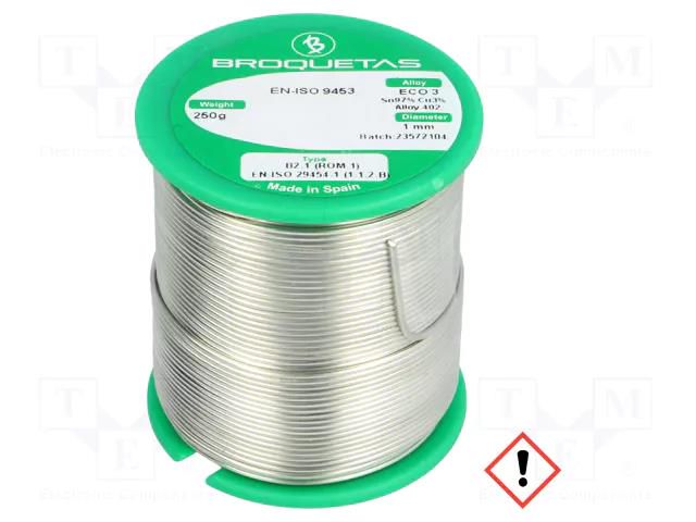 Tin; lead free; Sn97Cu3; 1mm; 250g; reel; 230°C; Flux: SW26 BROQUETAS ECO3-10/025H