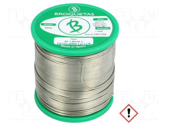 Tin; lead free; Sn97Cu3; 1mm; 500g; reel; 230°C; Flux: SW26 BROQUETAS ECO3-10/05H