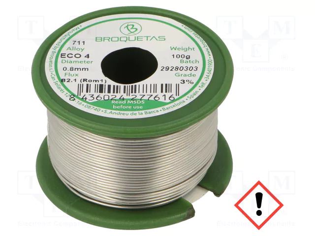 Tin; lead free; Sn96,5Ag3Cu0,5; 0.8mm; 0.1kg; reel; 217÷220°C BROQUETAS ECO4-08/01H