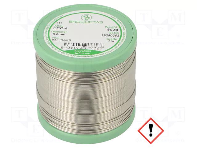 Tin; lead free; Sn96,5Ag3Cu0,5; 0.8mm; 0.5kg; reel; 217÷220°C BROQUETAS ECO4-08/05H
