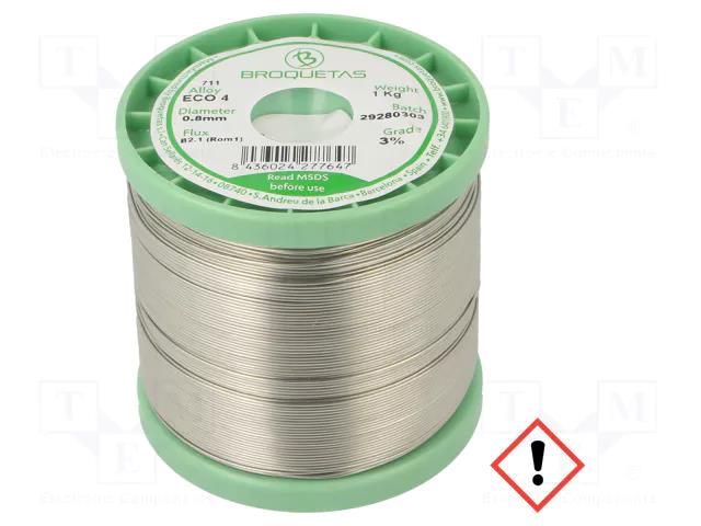 Tin; lead free; Sn96,5Ag3Cu0,5; 0.8mm; 1kg; reel; 217÷220°C BROQUETAS ECO4-08/10H