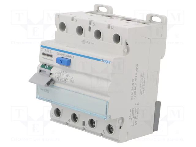 RCD breaker; Inom: 25A; Ires: 30mA; Max surge current: 250A; IP20 HAGER CDA625J
