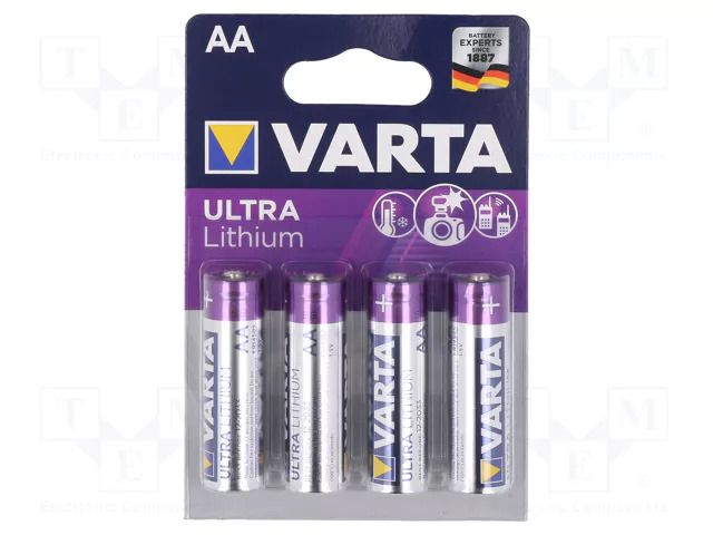 Battery: lithium; AA; 1.5V; non-rechargeable; Ø14.5x50.5mm; 4pcs. VARTA BAT-FR6/V