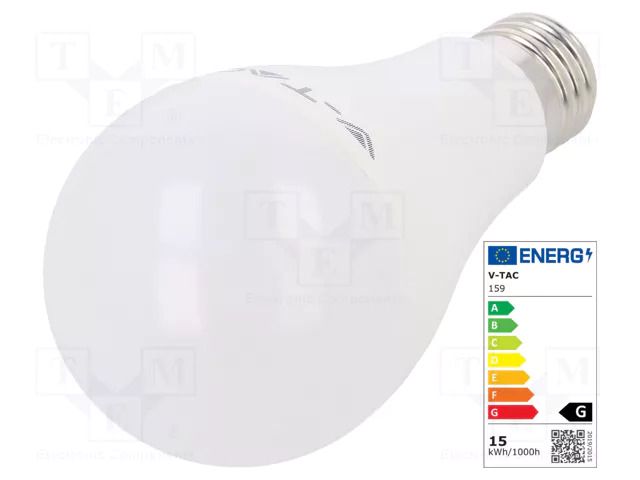 LED lamp; white warm; E27; 220/240VAC; 1250lm; P: 15W; 200°; 3000K V-TAC 3800157627726