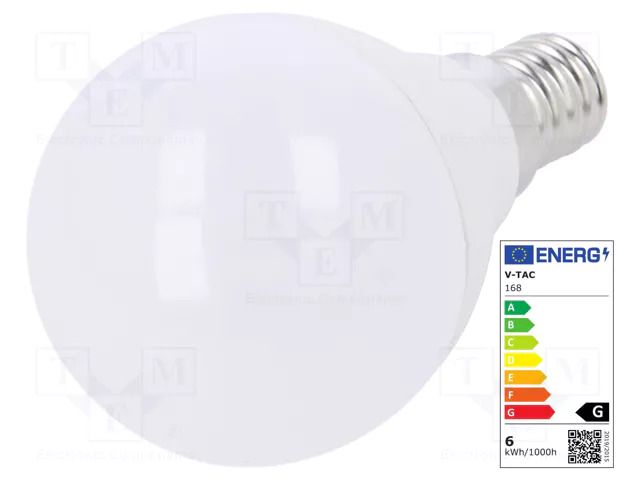 LED lamp; white warm; E14; 220/240VAC; 470lm; P: 5.5W; 180°; 3000K V-TAC 3800157627818