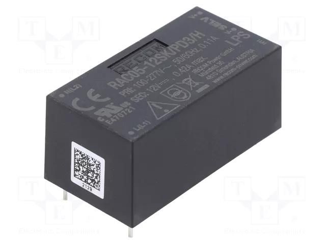 Converter: AC/DC; 5W; Uin: 90÷318VAC; 12VDC; Iout: 420mA; 74%; PCB RECOM RAC05-12SK/PD3/H