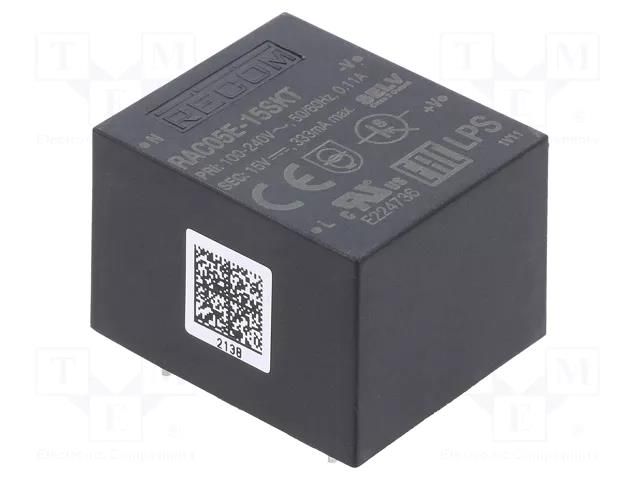 Converter: AC/DC; 5W; Uin: 90÷264VAC,130÷370VDC; Uout: 15VDC; 79% RECOM RAC05E-15SKT