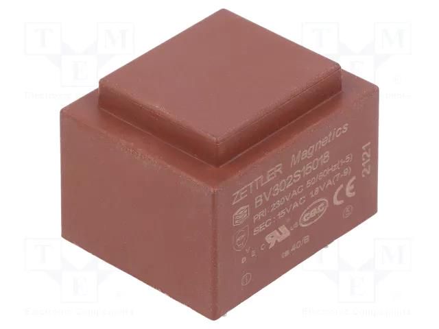 Transformer: encapsulated; 1.8VA; 230VAC; 15V; 120mA; PCB ZETTLER BV302S15018