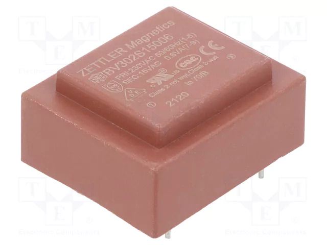 Transformer: encapsulated; 0.6VA; 230VAC; 15V; 40mA; PCB ZETTLER BV302S15006