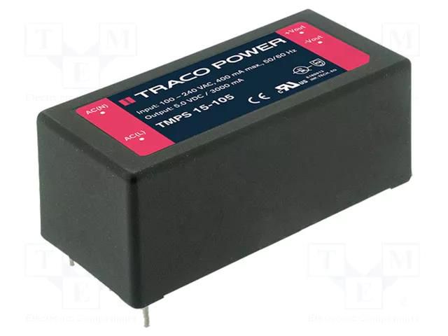 Converter: AC/DC; 15W; Uin: 85÷264VAC,120÷370VDC; Uout: 5VDC; 79% TRACO POWER TMPS15-105