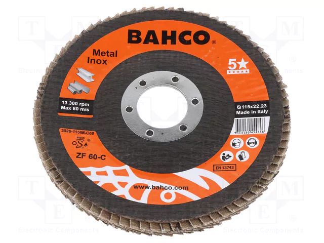 Flap grinding wheels; Ø: 115mm; Granularity: 60; 22.23mm; Class: 5* BAHCO SA.3926-115IM-C60