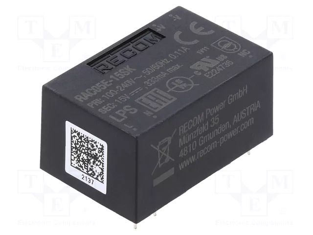 Converter: AC/DC; 5W; Uin: 90÷264VAC,130÷370VDC; Uout: 15VDC; 79% RECOM RAC05E-15SK