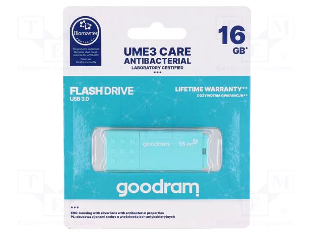 Pendrive; USB 3.2; 16GB; R: 60MB/s; W: 20MB/s; mint; USB A GOODRAM UME3-0160CRR11