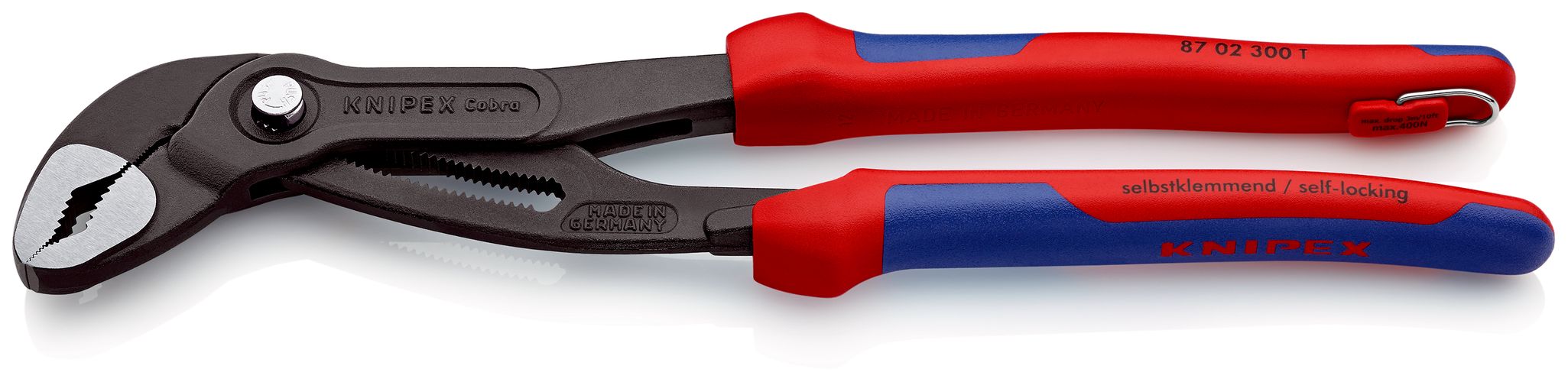 KNIPEX 87 02 300 T Cobra® High-Tech Water Pump Pliers with multi-component grips, with integrated tether attachment point for a tool tether grey atramentized 300 mm 87 02 300 T