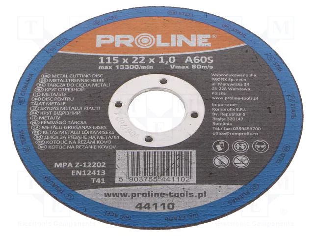 Cutting wheel; Ø: 115mm; Disc thick: 1mm; steel; 22mm PROLINE PRE-44110