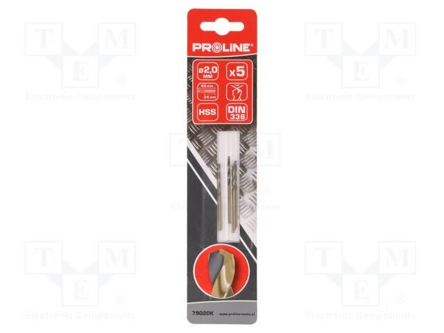 Drill bit; for metal; Ø: 2mm; high speed steel; 5pcs; blister PROLINE PRE-79020K
