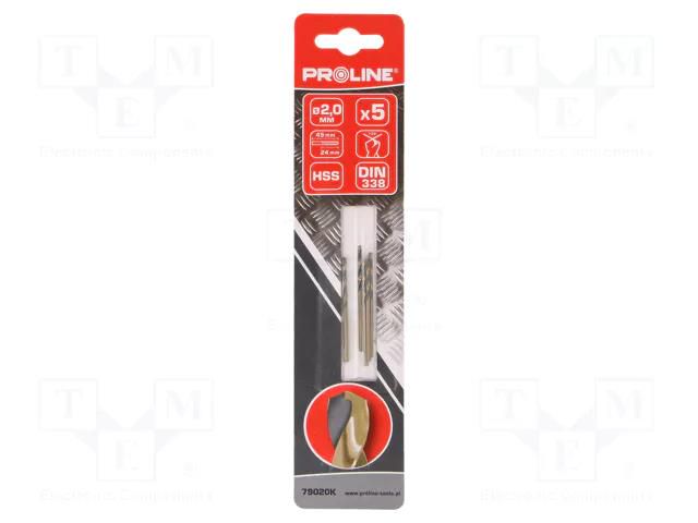 Drill bit; for metal; Ø: 2mm; high speed steel; 5pcs; blister PROLINE PRE-79020K