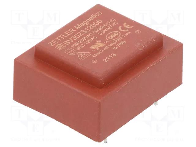 Transformer: encapsulated; 0.6VA; 230VAC; 12V; 50mA; PCB ZETTLER BV302S12006