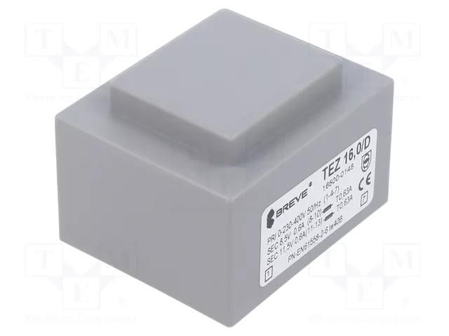 Transformer: encapsulated; 16VA; 230VAC,400VAC; 8.5V; 11.5V; PCB BREVE TUFVASSONS TEZ16/D/8.5-11.5