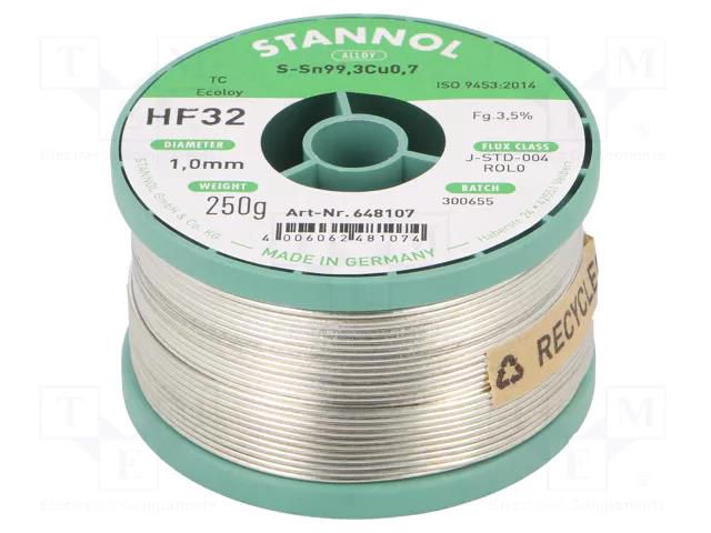 Tin; lead free; Sn99,3Cu0,7; 1mm; 250g; reel; 3.5%; Flux: SW32; HF32 STANNOL S99C1HF32/1.0/250