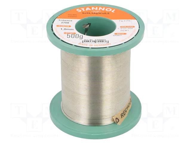 Tin; lead free; Sn96,5Ag3Cu0,5; 1mm; 500g; reel; 2.7%; Flux: SW26 STANNOL SN955T2708/1.0/0.5