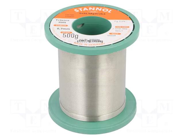 Tin; lead free; Sn96,5Ag3Cu0,5; 0.7mm; 500g; reel; 3.5%; Flux: SW26 STANNOL SN955T3505/0.7/0.5