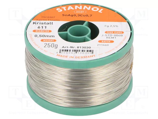 Tin; lead free; Sn99Cu0,7Ag0,3; 0.5mm; 250g; reel; 2.5%; Flux: SW33 STANNOL TSC0307K611/05/250