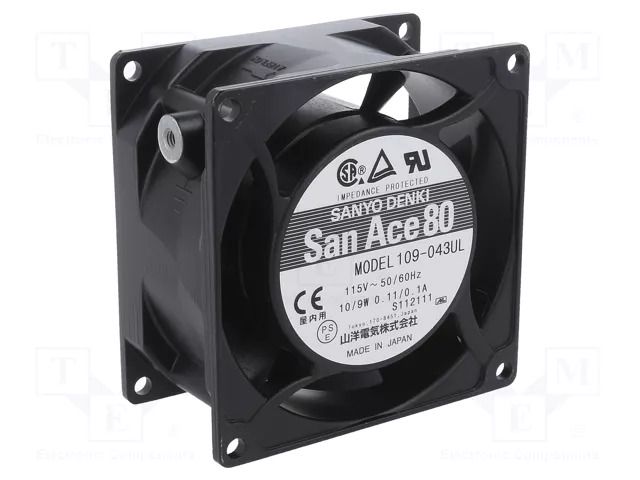 Fan: AC; axial; 80x80x42mm; 51m3/h; 40dBA; ball; 2650rpm; 115VAC SANYO DENKI 109-043UL