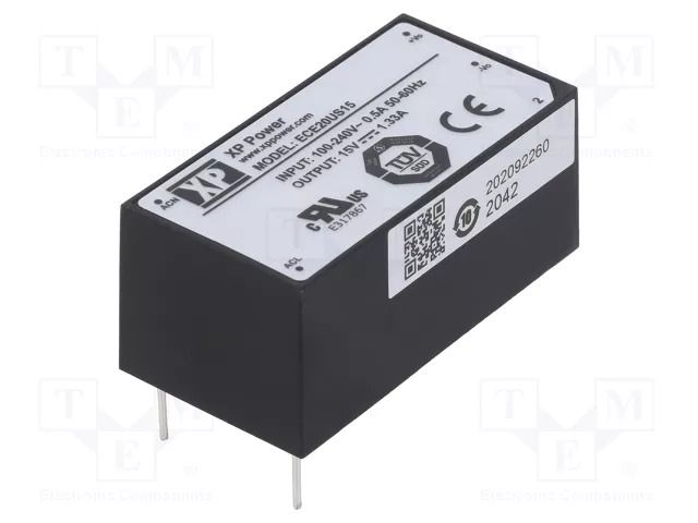 Converter: AC/DC; 20W; Uin: 85÷264VAC,120÷370VDC; Uout: 15VDC; 83% XP POWER ECE20US15