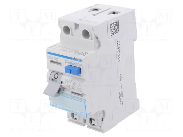 RCD breaker; Inom: 63A; Ires: 30mA; Max surge current: 250A; 240VAC HAGER CDS263D
