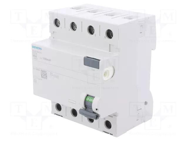 RCD breaker; Inom: 25A; Ires: 100mA; Poles: 3+N; 230/400VAC; IP20 SIEMENS 5SV4442-0
