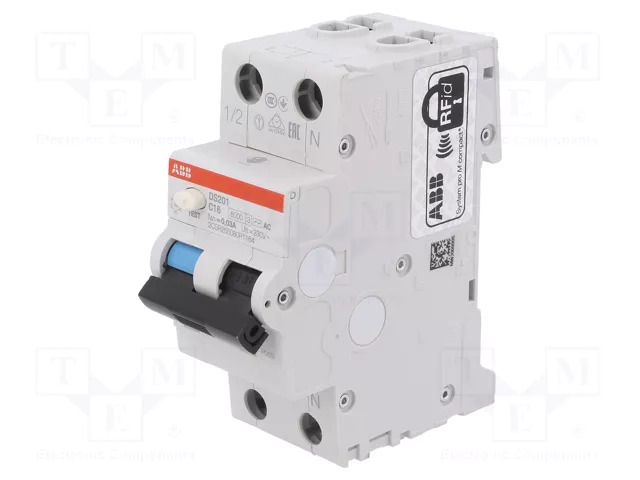 RCBO breaker; Inom: 16A; Ires: 30mA; Poles: 1+N; 230VAC; IP20; DS200 ABB DS201AC-C16/0.03