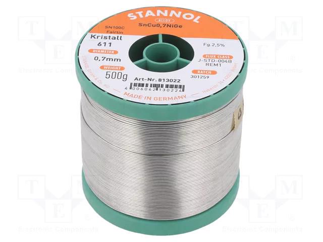 Tin; lead free; Sn99,3Cu0,7+NiGe; 0.7mm; 500g; reel; 2.5% STANNOL SN100K611/0.7/0.5