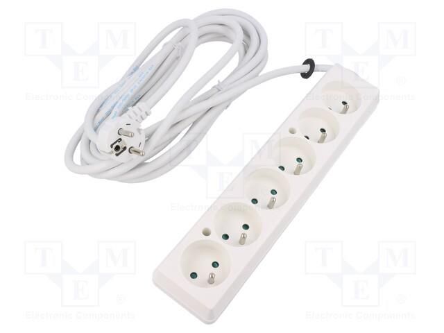 Extension lead; 3x1.5mm2; Sockets: 6; white; 5m; 16A PLASTROL T-97472