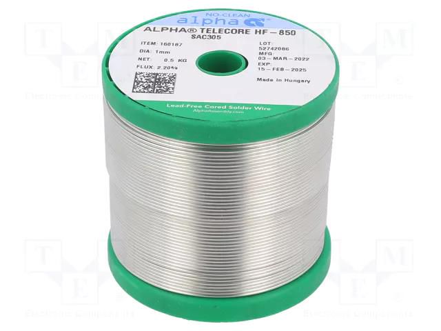 Tin; lead free; Sn96,5Ag3Cu0,5; 1mm; 500g; reel; 217÷221°C; 2.2% ALPHA HF850SAC305-10/05