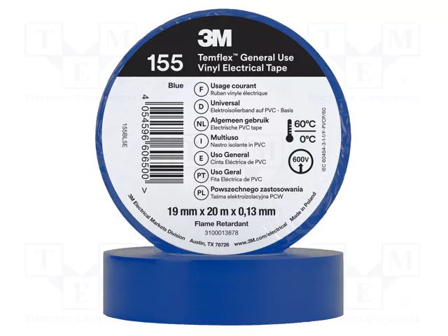 Tape: electrical insulating; W: 19mm; L: 20m; Thk: 0.127mm; blue 3M 3M-TF-155-19-20BL