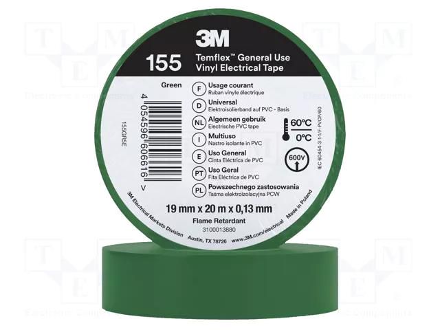 Tape: electrical insulating; W: 19mm; L: 20m; Thk: 0.127mm; green 3M 3M-TF-155-19-20GR