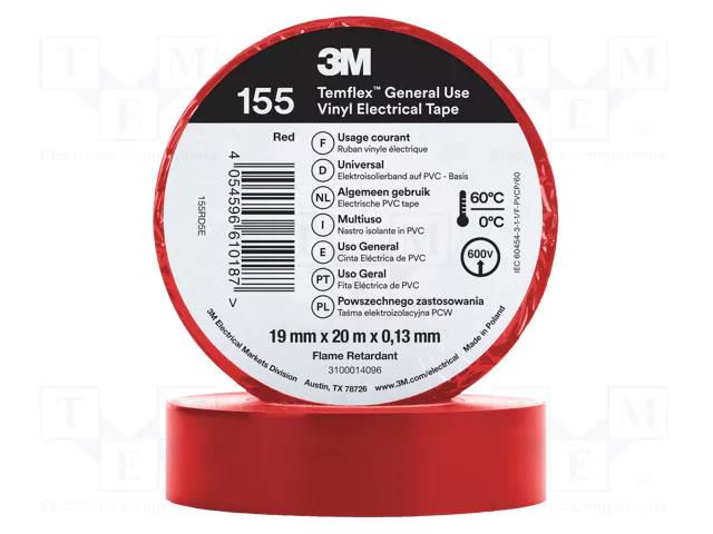 Tape: electrical insulating; W: 19mm; L: 20m; Thk: 0.127mm; red; 150% 3M 3M-TF-155-19-20RD
