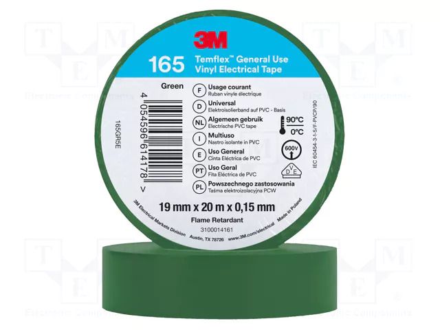 Tape: electrical insulating; W: 19mm; L: 20m; Thk: 0.152mm; green 3M 3M-TF-165-19-20GR