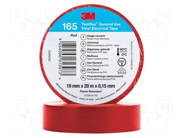 Tape: electrical insulating; W: 19mm; L: 20m; Thk: 0.152mm; red; 200% 3M 3M-TF-165-19-20RD