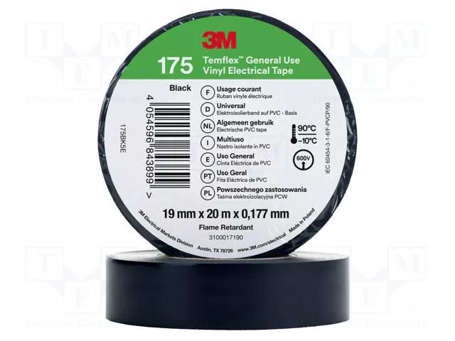 Tape: electrical insulating; W: 19mm; L: 20m; Thk: 0.178mm; black 3M 3M-TF-175-19-20BK