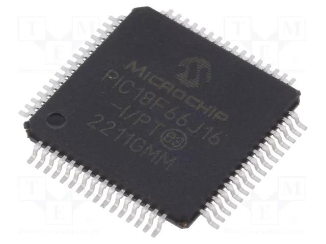 IC: PIC microcontroller; 48MHz; 2÷3.6VDC; SMD; TQFP64; PIC18 MICROCHIP TECHNOLOGY PIC18F66J16-I/PT