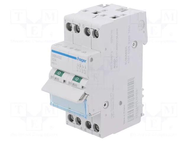 Switch-disconnector; Poles: 4; for DIN rail mounting; 32A; 400VAC HAGER SBN432
